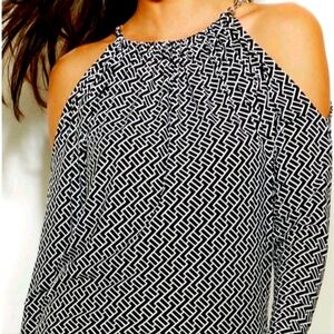 Michael Kors Black and White Patterned Cold Shoulder, Silver Chain Top,  Small